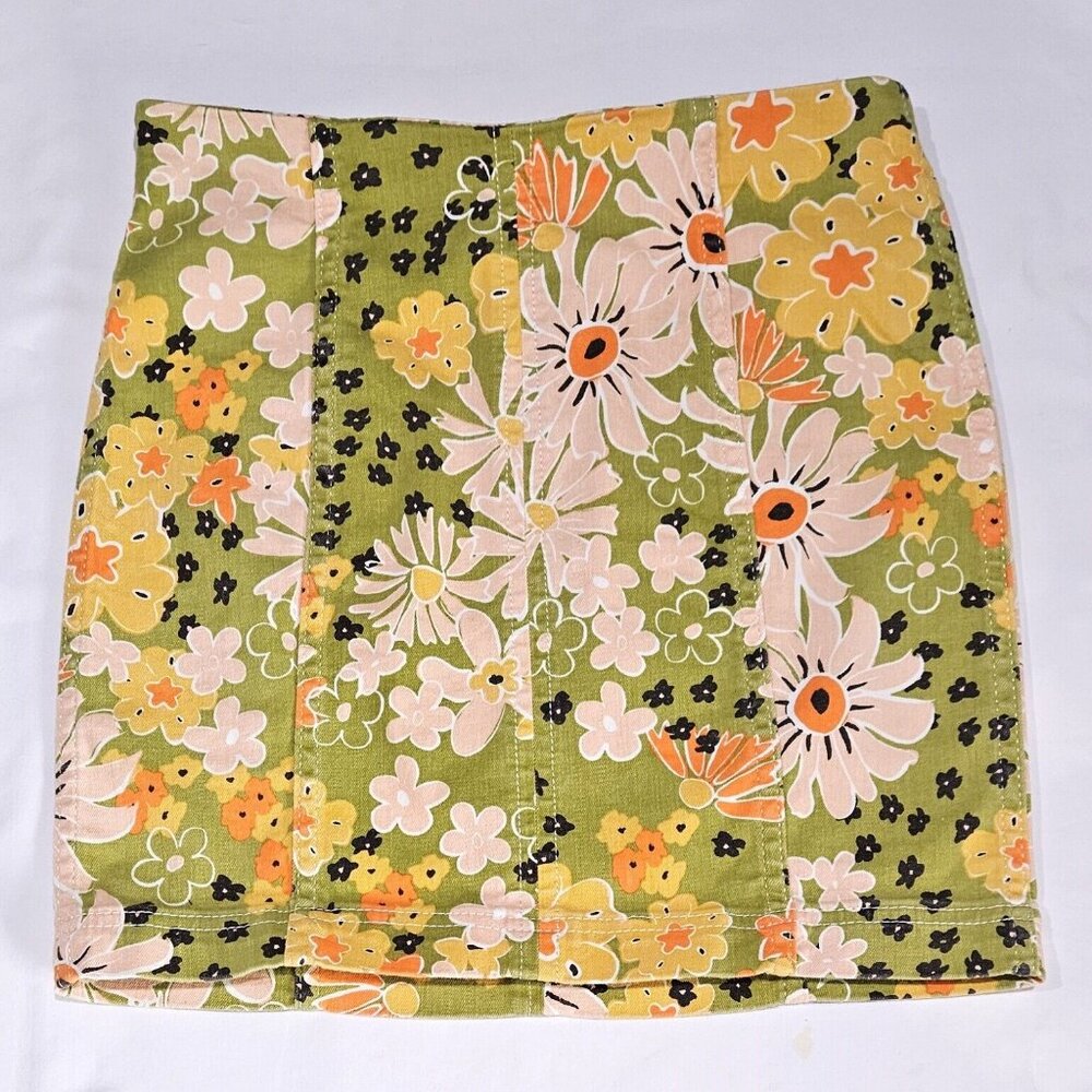 free people floral mini skirt stretch orange green yellow zip retro 70's